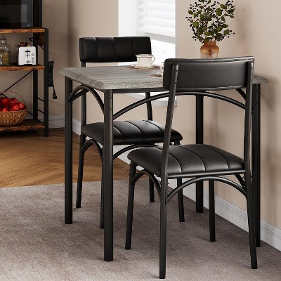 Dining Table Set for 2, 3-Piece, Square Table and 2 Upholstered Chairs, Fits Small Spaces/Apartments, Retro Gray/Rustic Brown/Black