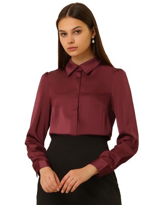 Allegra K Women's Office Satin Tops Collared Professional Long Sleeve Button-up Shirt