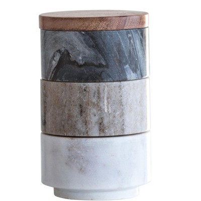 Storied Home Marble Stacking Pinch Pots with Acacia Wood Lid (Set of 3 Pieces)