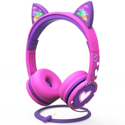 FosPower Kids Headphones Wired, Over Ear Headphones for Kids with Cord, Cat Headset with 3.5mm Jack & Light Up LED Cat Ears For School, Pink/Purple