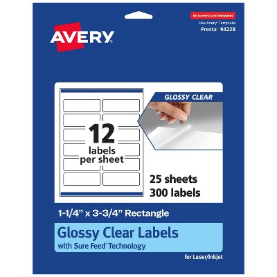 Avery Glossy Clear Rectangle Labels with Sure Feed, 1.25" x 3.75"
