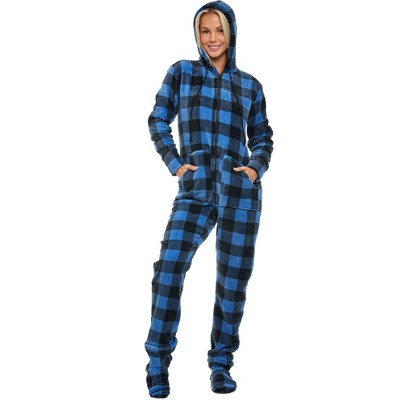 ADR Women's Plush Fleece One Piece Hooded Footed Zipper Pajamas, Soft Adult Jumpsuit PJs with Hood