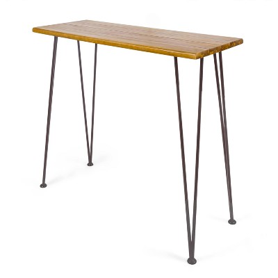 Denali Acacia Wood Rectangle Industrial Bar Table Teak: Wrought Iron Hairpin Legs, Weather-Resistant - Christopher Knight Home