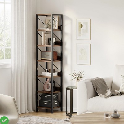 Open Book Shelves Rustic Farmhouse Bookcase Industrial Black Metal Frame and Wooden Bookshelf Tall Narrow Vintage Standing Storage Display Rack