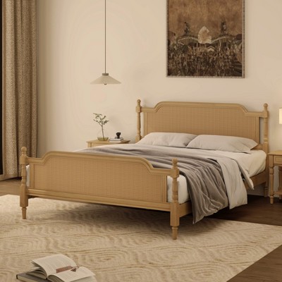 Queen/King Size Traditional Style Rattan Platform Bed with Headboard, Vintage Bed Frame with Wooden Slat Support 4S - ModernLuxe