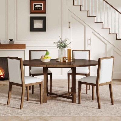 5 Piece Extendable Dining Table Set, Wood Dining Table and 4 Upholstered Chairs with Removable Leaf, Farmhouse Kitchen Dining Room Set-Coolbibila