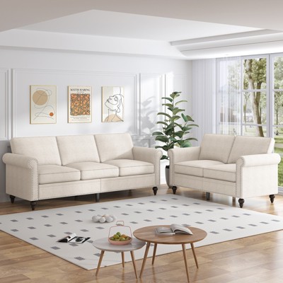 Mjkone 2 Piece Living Room Sofa Set with Rivet Design,Linen Fabric W76''3-Seater Sofa Couch with W53''Loveseat Sofa