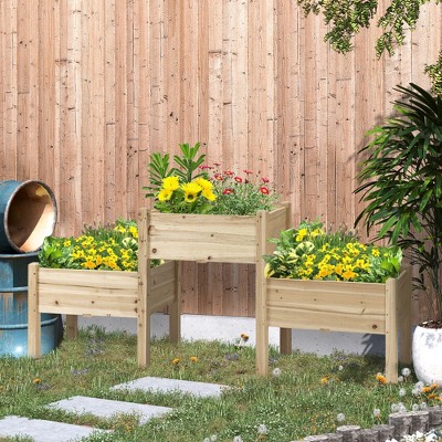 Okak Solid Wood Raised Garden Bed with 3 Planter Boxes, Elevated Wooden Plant Stand with Drainage Holes for Vegetables, Herbs, Flowers