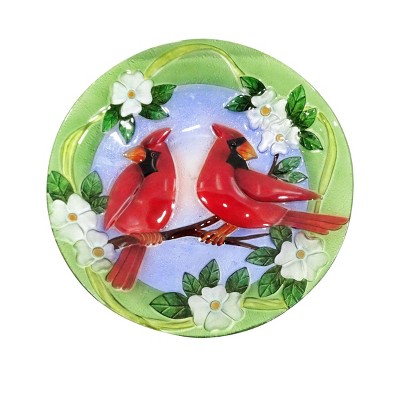 18" Glass Birdbath and Cardinal Bird Red - Alpine Corporation: Weather-Resistant, Freestanding Outdoor Decor