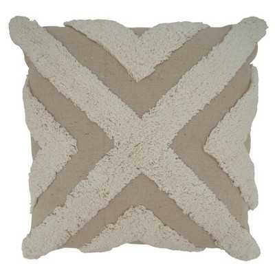 20"x20" Oversize Cotton with Tufted Cross Design Square Throw Pillow Cover Ivory - Saro Lifestyle: Decorative Zippered Accent Pillowcase