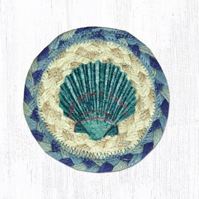Earth Rugs Blue Scallop Coaster – 5"x5" Braided Jute with Coastal Seashell Print for Nautical Beach House or Ocean-Inspired Decor