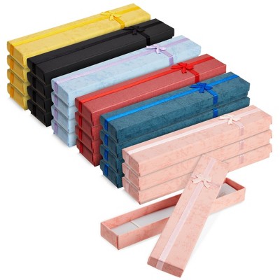 Juvale 24 Pack Empty Jewelry Gift Boxes for Necklaces, Bracelets, Press On Nail Packaging with Lids and Decorative Ribbon Knot, 6 Colors, 7.9 x 1.6 In