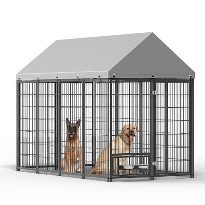 Akoasm 95.28 in. W Outdoor Large Metal Fence with Roof For Pets-Black