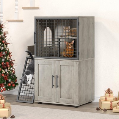 Modern Villa Cat Litter Box Enclosure with Platform,Double Layer Cat Litter Hidden Furniture