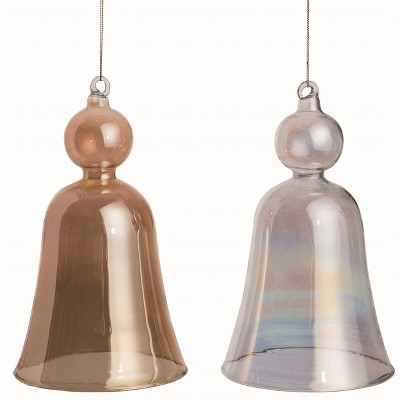 Transpac Large Iridescent Gold Glass Bell Ornaments Set of 2 for Christmas Tree Decor