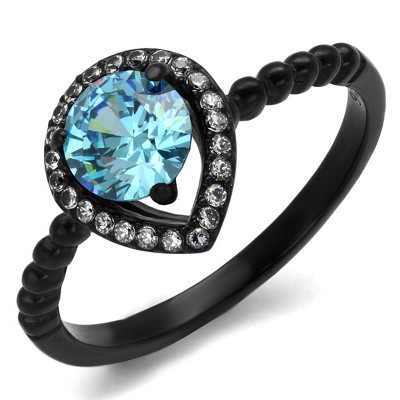 Slickblue Women’s Halo Ring, Black Stainless Steel with Sea Blue CZ Center and Clear Accents, Pear-Inspired, 5–10