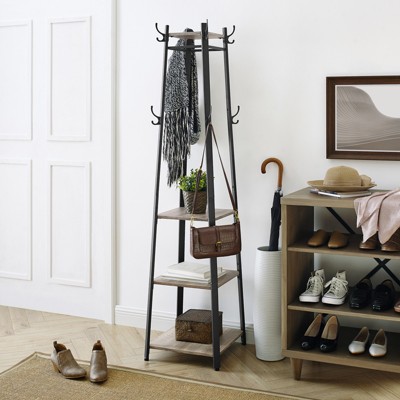 Industrial Style Coat Rack with Shelves and Hooks - Free-Standing Hall Tree for Entryway and Living Room