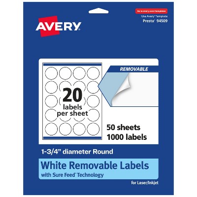 Avery Matte White Removable Round Labels with Sure Feed Technology, Print-to-the-Edge, 1.75" diameter