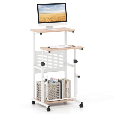 Costway Adjustable Standing Desk with Footrest Mesh Panel Lockable Wheels Sit Home Office