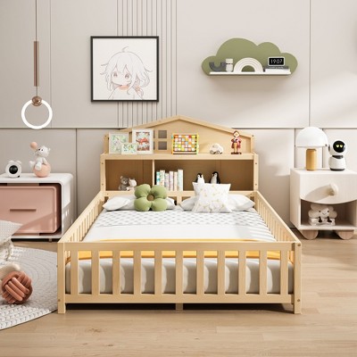 Okak Full Size Platform Bed Frame with Door & Fence,Wooden Floor Bed for Toddlers/Kids Bedroom