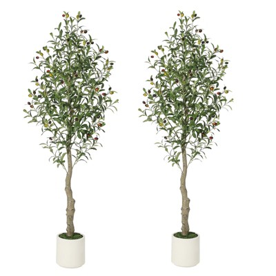 5-7FT Artificial Olive Trees - Realistic Faux Silk Plants with Moss & White Bamboo Pots for Indoor/Outdoor Home & Office Decor