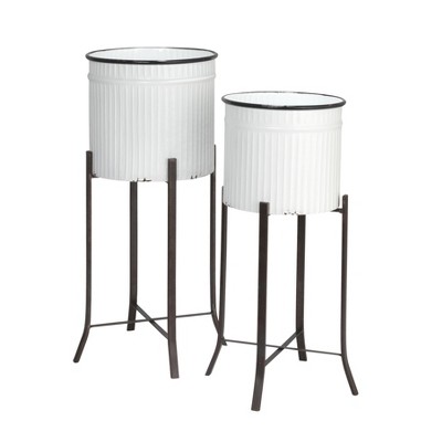 Storied Home Round Metal Planters on Stands, White and Black, Set of 2