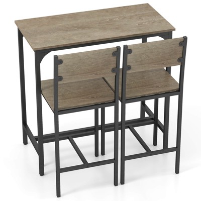 Costway 3 PCS Bar Table Set Pub Dining Table & 2 Bar Stools with Backrest & Footrest Gray/Brown