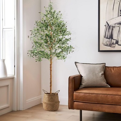 Artificial Olive Tree Indoor 7FT(83'') Faux Olive Tree Home Decor Living Room Fake Tree with Lifelike Fruits and Leaves with Real Hay Water Proof