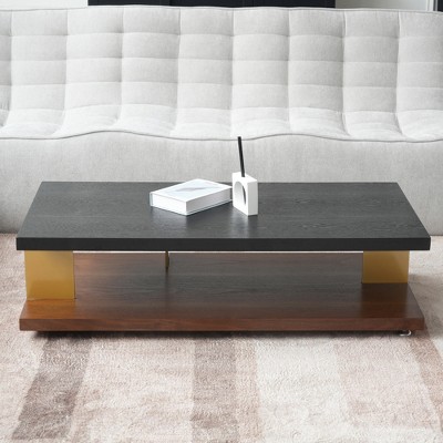 Rectangular Coffee Table with Storage, 2-Tier Farmhouse Wood Center Coffee Table for Living Room, Modern Design Home Furniture