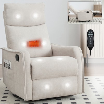 HABITRIO Recliner Chair with Heat Massage, Single Sofa with Rocker & Swivel Function, 2 Side Pockets, Wood and Metal Frame