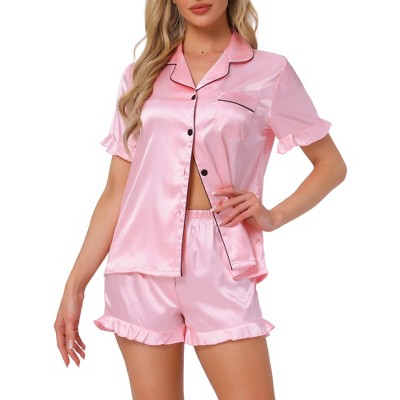 INSPIRE CHIC Women's Satin Silky Short Sleeve Shorts Button Down Lingerie Ruffle Pajamas Set