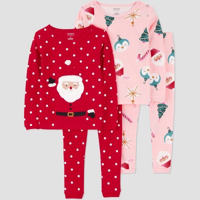 Carter's Just One You® Toddler Girls' 4pc Christmas Polka Dots Santa & Ornament Print Long Sleeve Cotton Pajama Set - Red/Pink