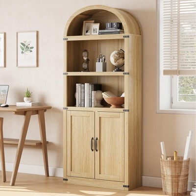Coolmee Wooden Bookcase with Doors, 71.65 inch Tall Arched Bookshelf, Farmhouse Cabinet with Shelves for Home Office, Living Room