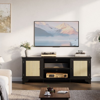 Rattan TV Stand Fits TVs Up to 65 Inches, Farmhouse Entertainment Center with Cabinets and Open Shelves, Wooden Media Console Table for Living Room