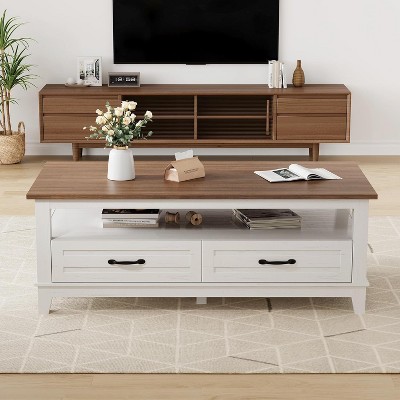 Farmhouse Coffee Table with Drawers, 47.2" Center Table Rustic Coffee Tables with Open Shelf, 6 Support Legs for Home Office