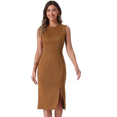 INSPIRE CHIC Women's Faux Suede Sleeveless Crewneck Split Hem Work Sheath Dress