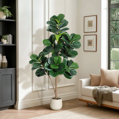 Garvee 4/5/6/7FT Fiddle Leaf Fig Tree Artificial with Leaves - Realistic Faux Ficus Lyrata Trees in Grey Planter Pot, Indoor Fake Floor Plants