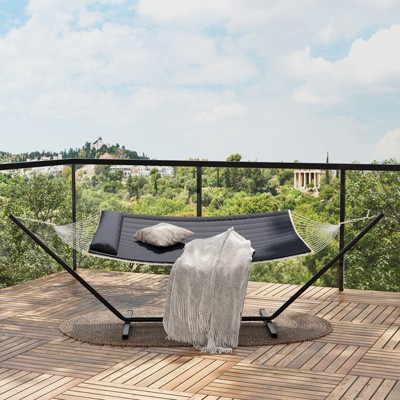 COZONY Double Hammock with Space Saving Steel Stand, 2 Person Cotton Rope Hammock with Pillow & Padded Pad, Portable for Backyard, Patio, Garden