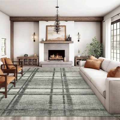Washable Rug Modern Geometric Accent Rug with Non-Slip Backing Stain-Resistant Plaid Floor Mats Foldable Ultra-Thin Contemporary Indoor Carpet