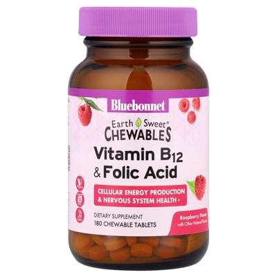 Bluebonnet Nutrition EarthSweet® Chewables, Vitamin B-12 & Folic Acid, Raspberry, 180 Chewable Tablets