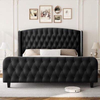 Bed Frame with Deep Button Tufted Wingback Headboard and Footboard, Velvet Upholstered Platform Bed Frame, No Box Spring Needed