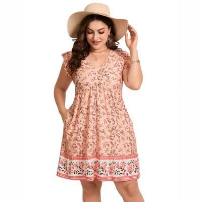 Plus Size V-Neck Flutter Sleeve Boho Print High Waist Dress with Pocket