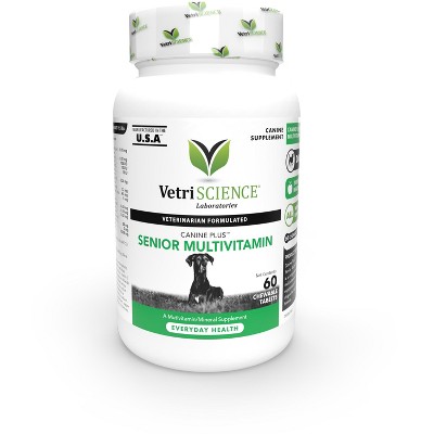 VetriScience Canine Plus Multivitamin for Senior Dogs, Mood, Skin, Coat, Liver Function, Duck Flavor, 60 Chewable Tablets