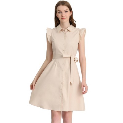 Allegra K Women's Cotton Ruffled Cap Sleeve Tie Waist Button Casual Office Shirt Dress