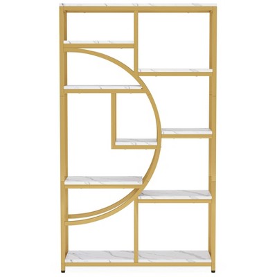 Lirago Freestanding Bookcase-9-Tier Open Shelf Etagere with Metal Frame and Woodgrain Shelves Gold and White-37.4"Lx11.8"D