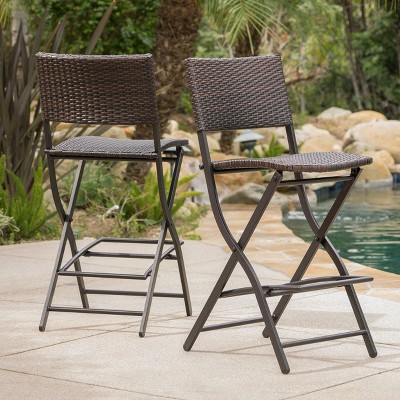 Set of 2 Outdoor Wicker Barstools Faux Rattan Patio Bar Stools Foldable Chair, Multibrown-Christopher Knight Home
