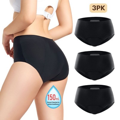 CARER 3pk Period Incontinence Underwear for Women Washable 5oz Super Absorbent Leak Proof Underwear for Women Black