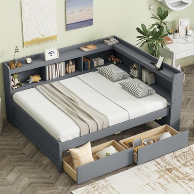 Whisen Twin Size L-Shaped Bookcase Bed with Built-In Power Outlets, USB Charging Ports, and Two Storage Drawers