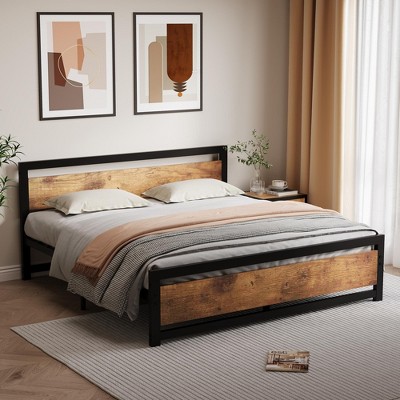 Bed Frame with Wooden Headboard, Industrial Bed Platform Metal Bedframe No Box Spring Needed, Easy Assemble Noise Free