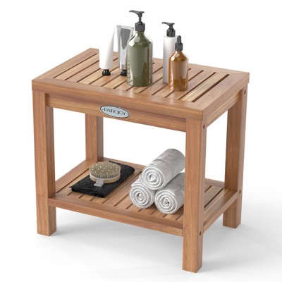Tangkula 19 Inch Teak Wood Shower Bench Inside Shower Stool w/ Storage Shelf for Adults